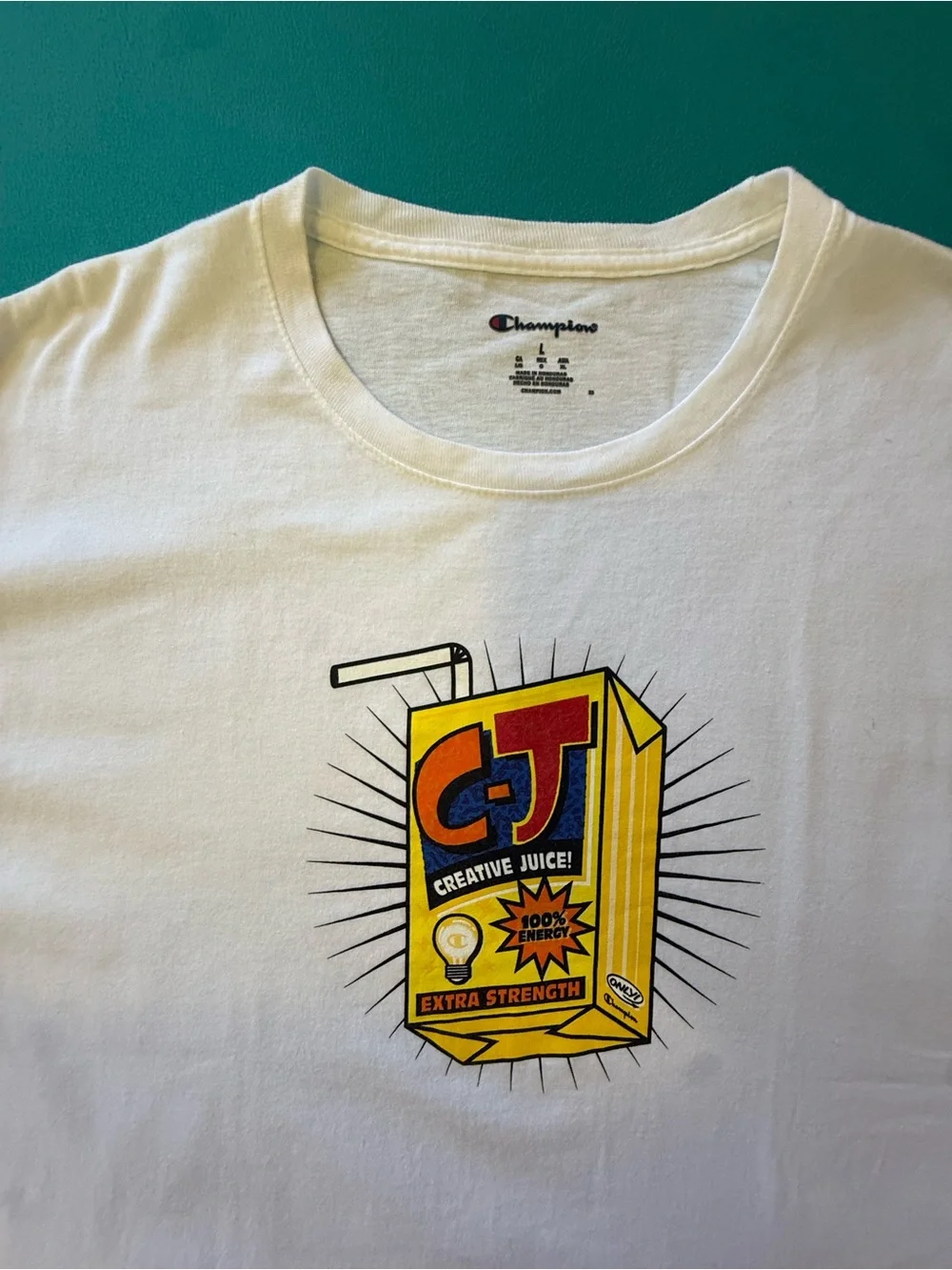 Champion White Tee with Yellow CJ Juice Box Graphic - Picture 2 of 2